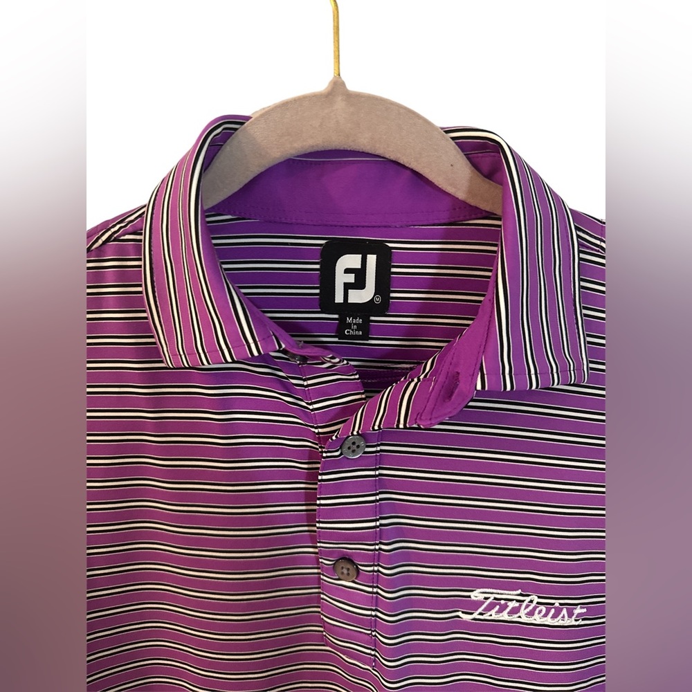 Footjoy FJ Titleist White/Purple and black Striped Golf Shirt, SZ M EUC - Picture 2 of 6